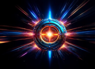 Fototapete - A vibrant, metallic sphere glows intensely, surrounded by streaks of light suggesting rapid movement or energy bursts.  The sphere's intricate design is highlighted by a central, bright light source.