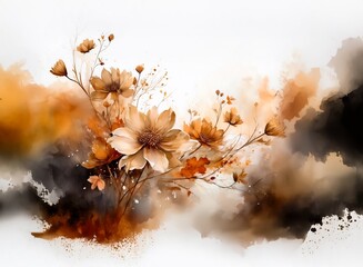 Aufkleber - A watercolor painting of delicate brown flowers with dark and light brown watercolor splatters in the background.  The style is soft and romantic.