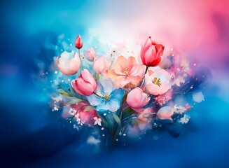 Aufkleber - A vibrant bouquet of pink and red tulips and peach blossoms, rendered in a watercolor style, sits against a dreamy blue and pink backdrop.  The flowers appear to be floating in a soft, ethereal mist.