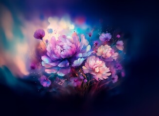 Aufkleber - Vibrant, dreamy bouquet of pink and purple peonies and wildflowers, set against a dark, moody background with glowing highlights.  A whimsical, painterly style evokes a sense of magic and wonder.