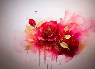 Aufkleber - A vibrant red rose, adorned with gold accents, blossoms amidst a watercolor wash of pink and red hues.  Dripping paint adds dynamism.