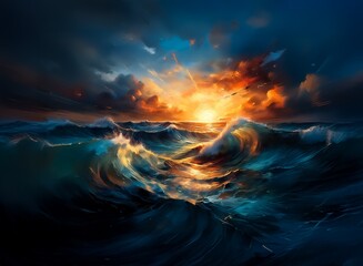 Aufkleber - Fiery sunset over a turbulent ocean, dark clouds clashing with vibrant orange and blue hues.  Waves crash dramatically, creating a dynamic, almost otherworldly scene.