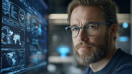 Focused programmer in front of multiple computer screens displaying complex data visualizations