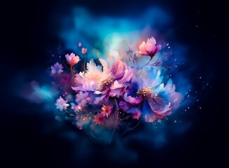 Aufkleber - A dreamy watercolor painting of a bouquet of pink and blue flowers, set against a dark, smoky background.  The flowers appear luminous and ethereal.
