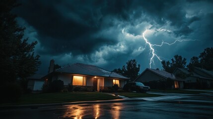 Wall Mural - a stunning image of dramatic night scene lightning strikes over suburban house. thunderstorm clouds 