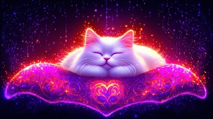 Wall Mural - Cosmic dreamscape serene feline rest amidst ethereal nebula galaxy kitten slumbering on pulsating cosmic energy radiating peaceful aura and celestial charm