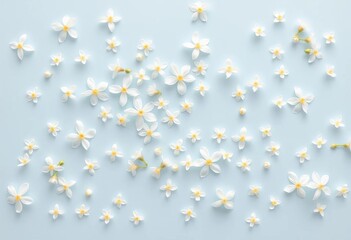 delicate white jasmine blossoms scattered on a pale blue background, minimalist floral seamless patt