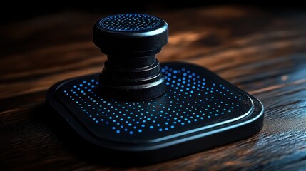 Futuristic Tech Gadget on Dark Wood Surface