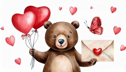 Wall Mural - bear with balloon, butterfly and valentine day letter, watercolor illustration isolated bac