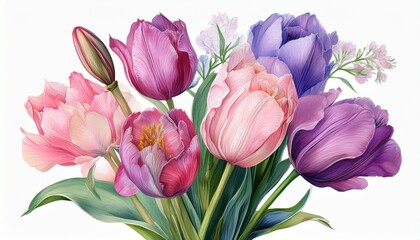 Wall Mural - beautifu pinkl flowers on isolated white background, iris, tulip, hyacinth, green leaves, w