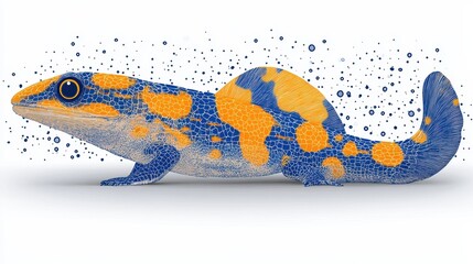 Wall Mural - Pixelated gecko illustration with orange and blue spots creates a dynamic digital art piece perfect for technology or nature themed design projects isolated