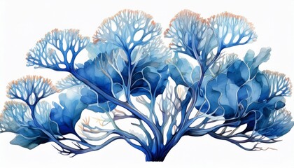 Wall Mural - blue coral branch watercolor illustration, marine plant isolated on white, underwater ocean