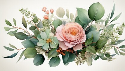 Wall Mural - bouquet of flowers, eucalyptus branches, leaves of elegant greenery, watercolor botanical i