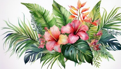 Wall Mural - bouquet tropical palm leaves and flowers on isolated white background, watercolor illustrat