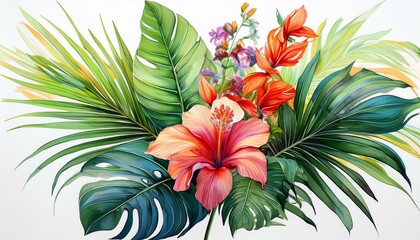 Wall Mural - bouquet tropical palm leaves and flowers on isolated white background, watercolor illustrat