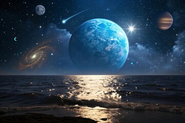 Wall Mural - mystical nightscape ocean meets celestial wonders planets stars and galaxy