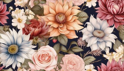 Wall Mural - delicate flowers hand drawn. seamless pattern with dahlia, roses, anemones. digital printin