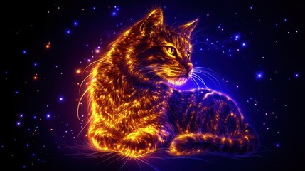 Wall Mural - Mystical feline formed from starlight celestial cat portrait bathed in neon glow ethereal animal rendered in sparkling particles abstract design
