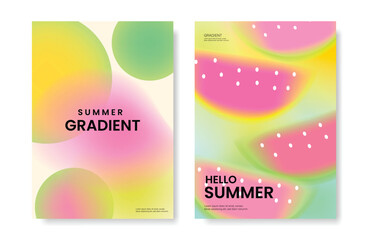 Wall Mural - Abstract colorful gradient fruit card background set. Minimalist poster with watermelon. Modern summer and spring wallpaper design for drink menu, promotion, beverages, ads.