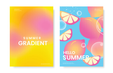 Wall Mural - abstract colorful gradient fruit card background set. minimalist poster with lemon. modern summer an