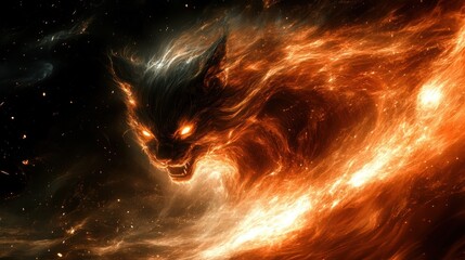 Wall Mural - Fiery,Abstract,Canine,Spirit,in,Nebula,Vivid,Cosmic,Wolf,Illustration,Creating,an,Ethereal,Atmosphere,with,Celestial,Energy,and,Infernal,Glowing,Presence