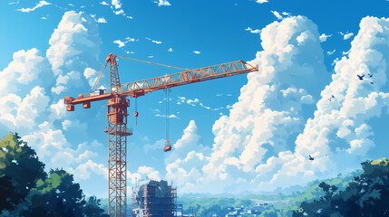 Wall Mural - Construction crane against a blue sky. [Dream Architectures] | Cloud Arcades | sky structures. Illustration