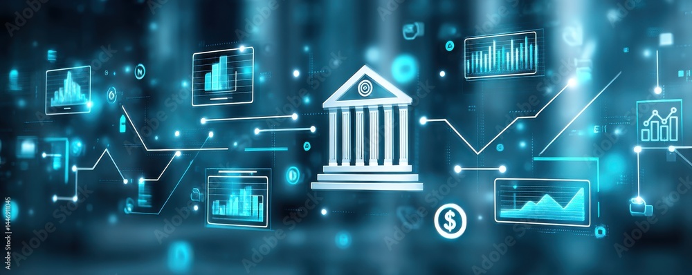 A digital illustration of banking, finance, and data analytics with ...