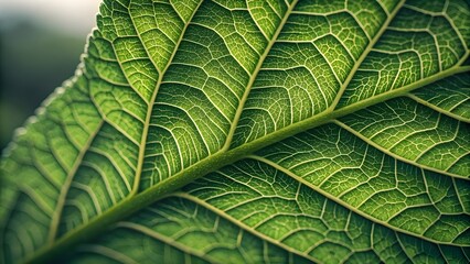 Extreme Macro Image of a Leaf Surface Showcasing Intricate Veins and Detailed Textures in Lush Green Tones