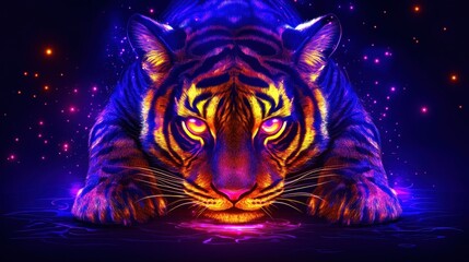 Wall Mural - Ethereal tiger portrait in cosmic radiance displaying celestial majesty and mystical ambiance with glowing hues and galactic patterns emphasizing the feline grace