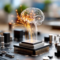 Fototapete - Artificial Intelligence: Digital Brain Concept with Neural Network on a Modern Motherboard Circuit.