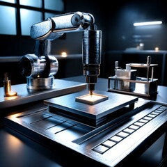 Poster - Industrial Robotic Arm Precision Welding in a Futuristic Manufacturing Setting, High Detail Inspection.