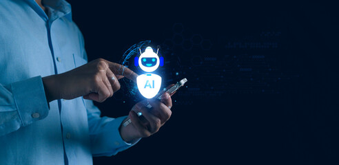 Wall Mural - ai technology, artificial intelligence software concept, man using technology smart robot ai tech fo