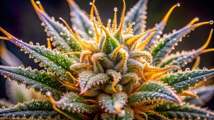 detailed close-up of trichomes on a cannabis bud with golden, iridescent sheen and intricate pattern