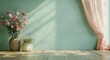 © jemb - A peaceful room with pastel pink flowers and sheer curtains.
