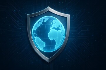 Poster - Digital Shield Icon Over Blue Globus and Circuit Board Background