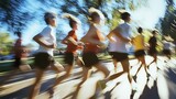 Blurred motion of a large group of runners.