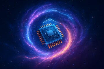Poster - Futuristic Microchip Surrounded by Colorful Cosmic Swirls in Space