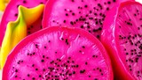 Close-up vibrant pink dragon fruit slices, black seeds, juicy watercolor style, watercolor, slices