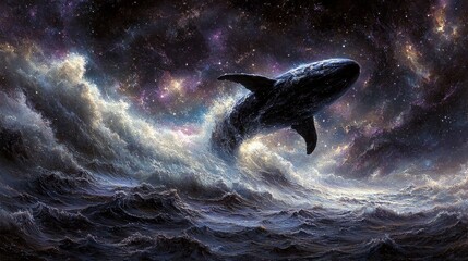 Wall Mural - Majestic cosmic whale breaching through nebulous clouds, a surreal interstellar artwork blending marine mammal with deep space celestial wonder