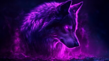 Wall Mural - Majestic ethereal wolf portrait in vibrant purple hues, digital art showcasing raw animal power and mystic allure, fantasy wildlife design