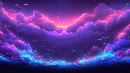 Wall Mural - Ethereal nocturne with vibrant cosmic dust clouds shimmering with luminous particles in a dreamy violet and pink celestial ambiance creating a mesmerizing visual experience