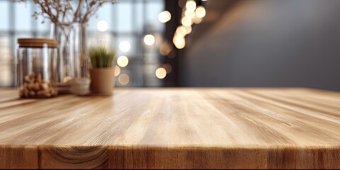 Fototapete - Light wooden table surface with soft blur background, ideal for product display or photography needs in a well-lit contemporary environment