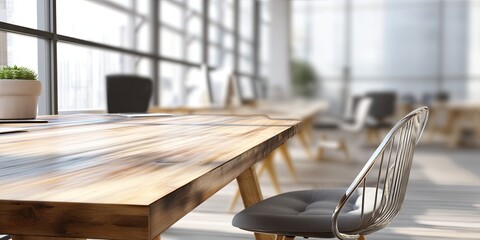 Leinwandbilder - Modern Bright Office Interior with Blurred Background and Wooden Table Surface Ideal for Business and Workspace Concepts in Stock Photography