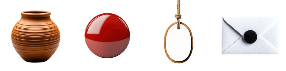 Decorative objects including a vase, ball, tag, and envelope isolated against a transparent background.