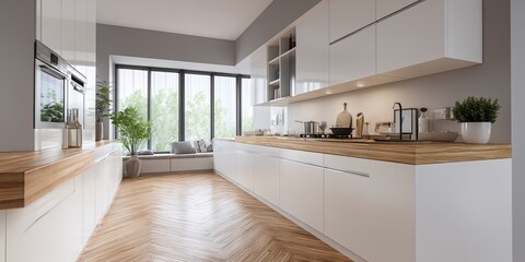 Fototapete - Bright and Modern Kitchen Interior with Wooden Countertop, White Cabinets, Clean Design, and Natural Light for Culinary Inspiration and Home Decor