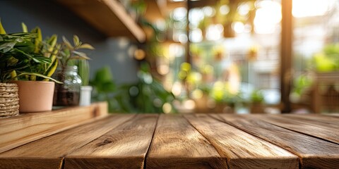 Aufkleber - Bright and Inviting Wooden Table with Blurred Background of a Cozy Indoor Space Featuring Green Plants and Natural Light