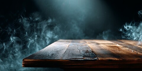 Poster - Dramatic Dark Scene with Smoky Atmosphere and Wooden Table Surface Perfect for Product Photography or Creative Backgrounds