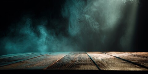 Fototapete - Dramatic Dark Scene with Smoky Atmosphere and Wooden Table Surface Perfect for Product Photography or Creative Backgrounds