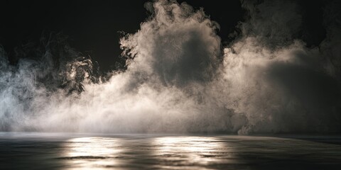 Poster - Ethereal Gray Smoke or Mist Rising from Floor in Dark Background, Creating Mysterious Atmosphere for Creative Projects and Visual Storytelling
