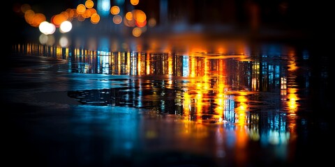 Aufkleber - Abstract Night Scene with Dramatic Lighting and Reflections on a Smooth Surface in Vibrant Colors of Blue and Orange